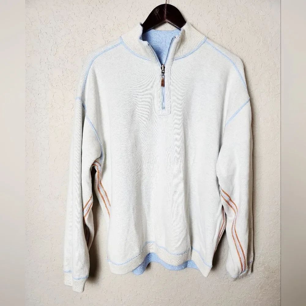 Tommy Bahama Reversible Half Zip Pullover Sweater Blue White Mens 1X